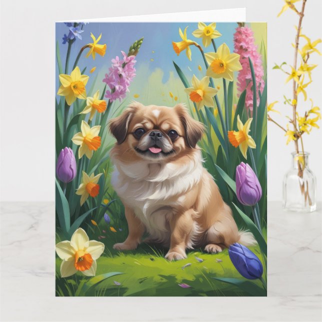Carte Peinture de fleurs printanières de chien pékinois  (Fleur jaune)