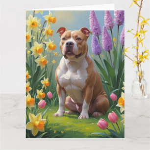 Carte Peinture de fleurs printanières de chien Pitbull