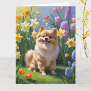 Carte Peinture de fleurs printanières de chien Pomerania