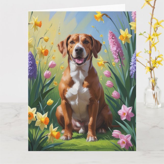 Carte Peinture de fleurs printanières de chien Rhodesian (Fleur jaune)