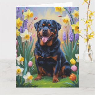Carte Peinture de fleurs printanières de chien Rottweile