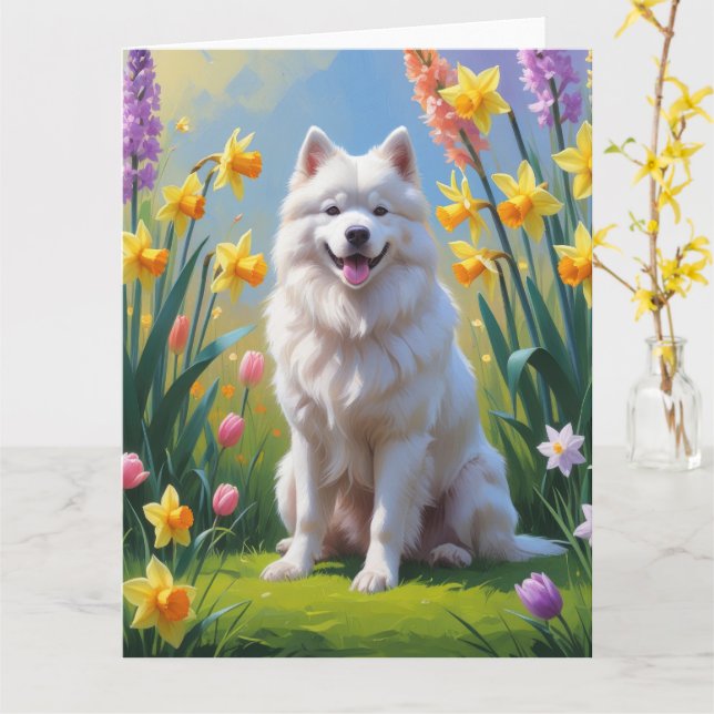 Carte Peinture de fleurs printanières de chien Samoyède  (Fleur jaune)