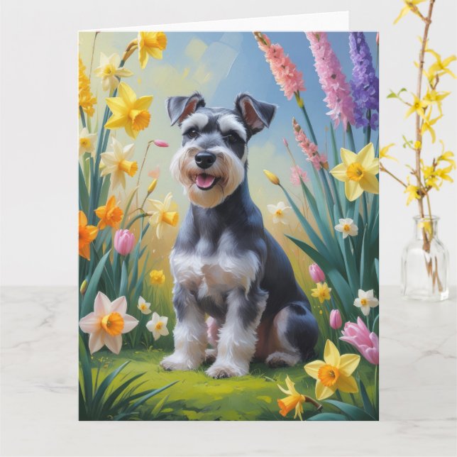 Carte Peinture de fleurs printanières de chien Schnauzer (Fleur jaune)
