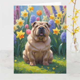 Carte Peinture de fleurs printanières de chien Shar Pei