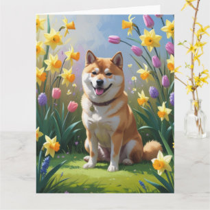 Carte Peinture de fleurs printanières de chien Shiba Inu