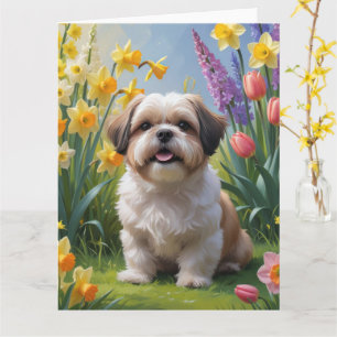 Carte Peinture de fleurs printanières de chien Shih Tzu