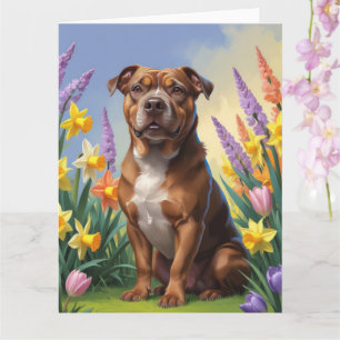 Carte Peinture de fleurs printanières de chien Staffords