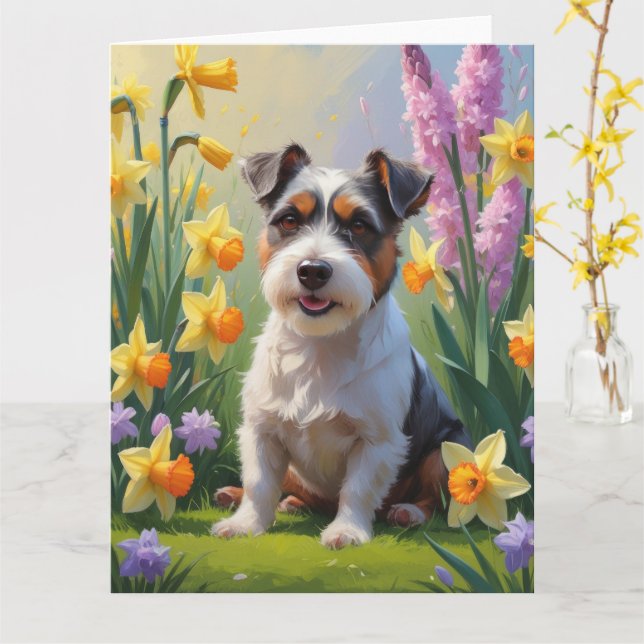 Carte Peinture de fleurs printanières de chien Terrier A (Fleur jaune)