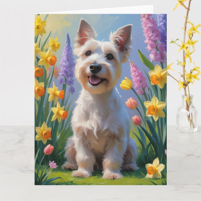 Carte Peinture de fleurs printanières de chien Terrier é (Fleur jaune)