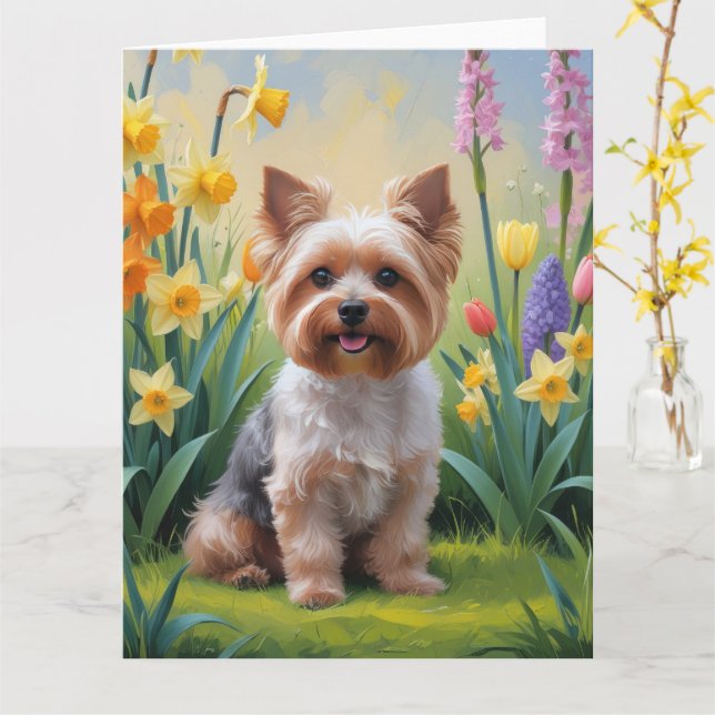 Carte Peinture de fleurs printanières de chien Yorkipoo (Fleur jaune)