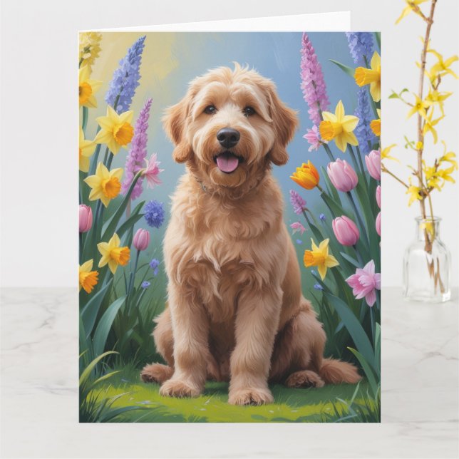 Carte Peinture de fleurs printanières de Goldendoodle (Fleur jaune)
