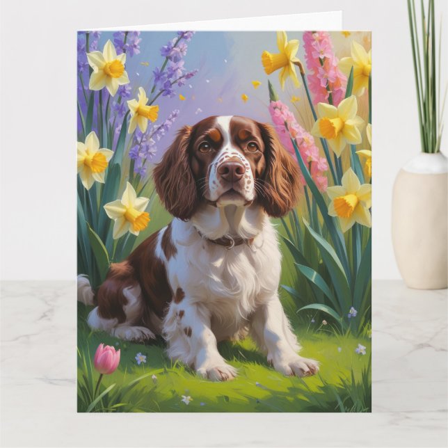 Carte Peinture de fleurs printanières de l'Épagneul Bret (Devant)