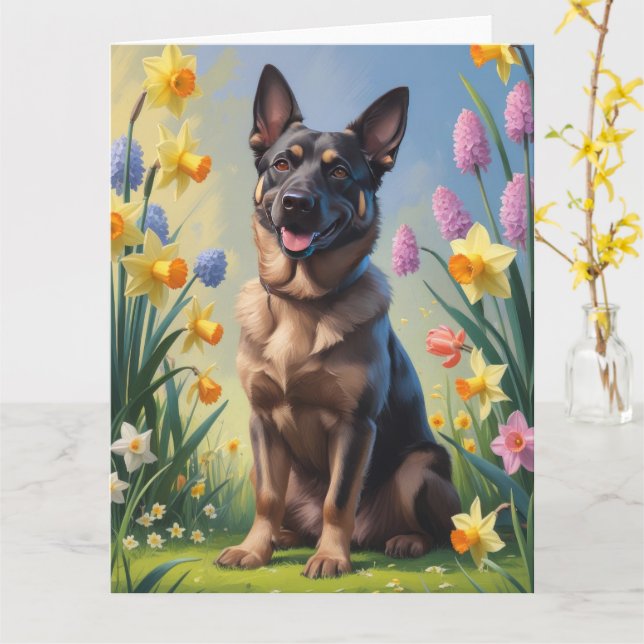 Carte Peinture de fleurs printanières de Malinois belge (Fleur jaune)