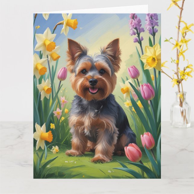Carte Peinture de fleurs printanières de Terrier de York (Fleur jaune)