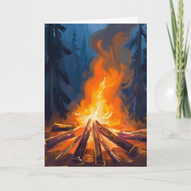 Carte Peinture de forêt aquarelle au feu de camp (Devant)