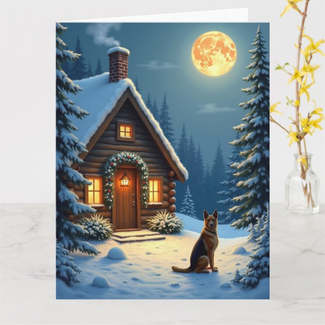 Carte Peinture de Noël de cabane enneigée avec Berger Al (Fleur jaune)