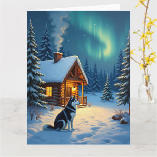 Carte Peinture de Noël de cabane enneigée avec Husky de