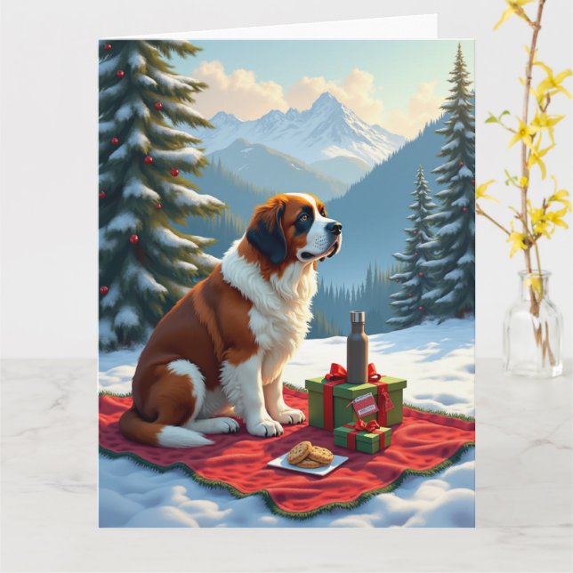 Carte Peinture de Noël Pique-Nique d'Hiver St. Bernard (Fleur jaune)