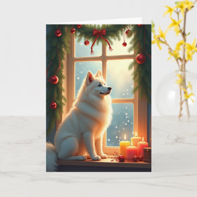 Carte Peinture de Noël Samoyède sous le gui (Fleur jaune)