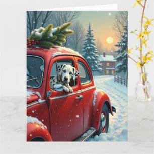 Carte Peinture de Noël : Trajet en voiture enneigé avec