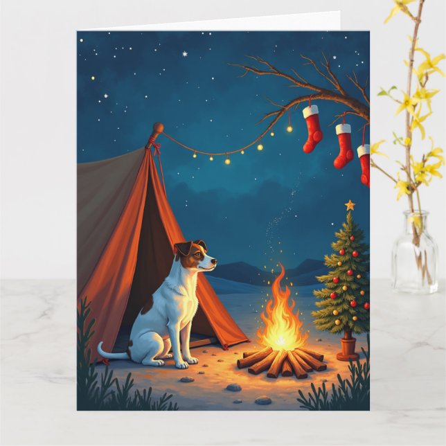 Carte Peinture de nuit de camping de Noël Jack Russell (Fleur jaune)