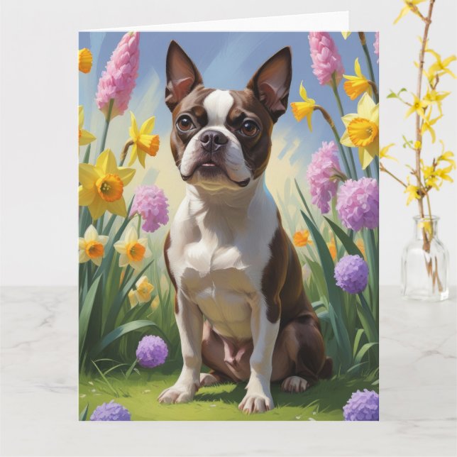 Carte Peinture de printemps de chien de Boston Terrier (Fleur jaune)
