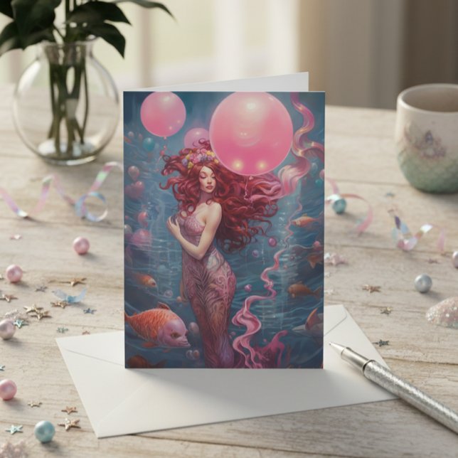 Carte Peinture de sirène Ballons d'anniversaire rose (Créateur téléchargé)