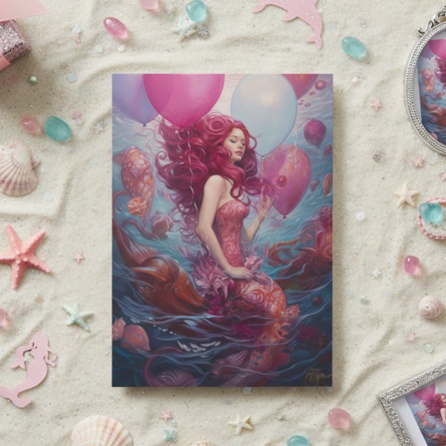 Carte Peinture de sirène Ballons d'anniversaire rose (Créateur téléchargé)
