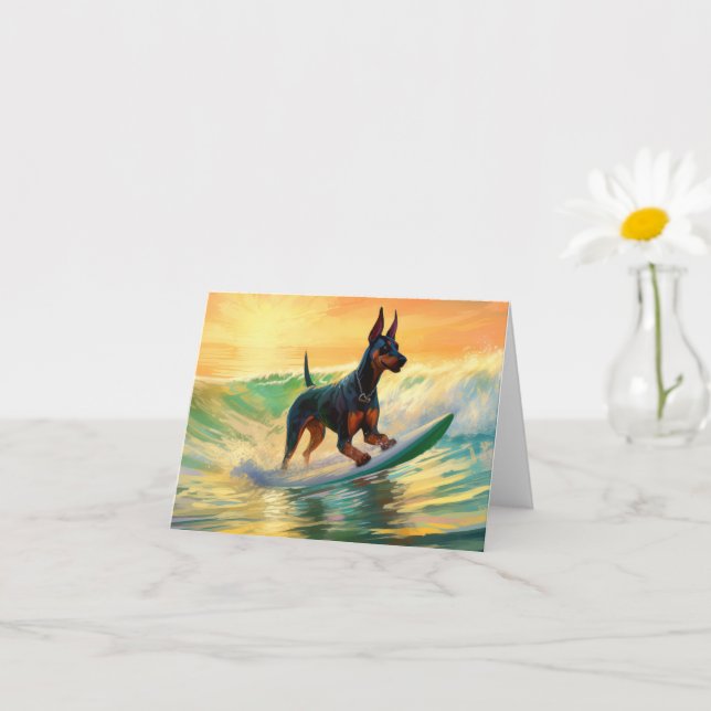 Carte Peinture de Surf à la Plage de Doberman (Petite plante)