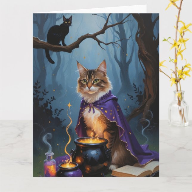 Carte Peinture d'Halloween en chats abyssiniques (Fleur jaune)