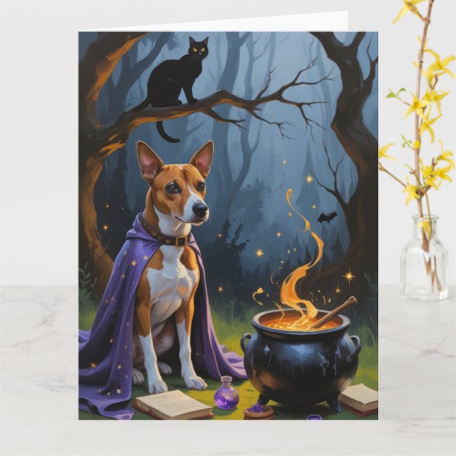 Carte Peinture d'Halloween lunaire de Basenji Chien (Fleur jaune)