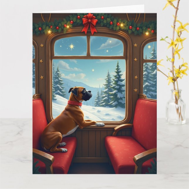 Carte Peinture du voyage en train de Noël du Boxer (Fleur jaune)