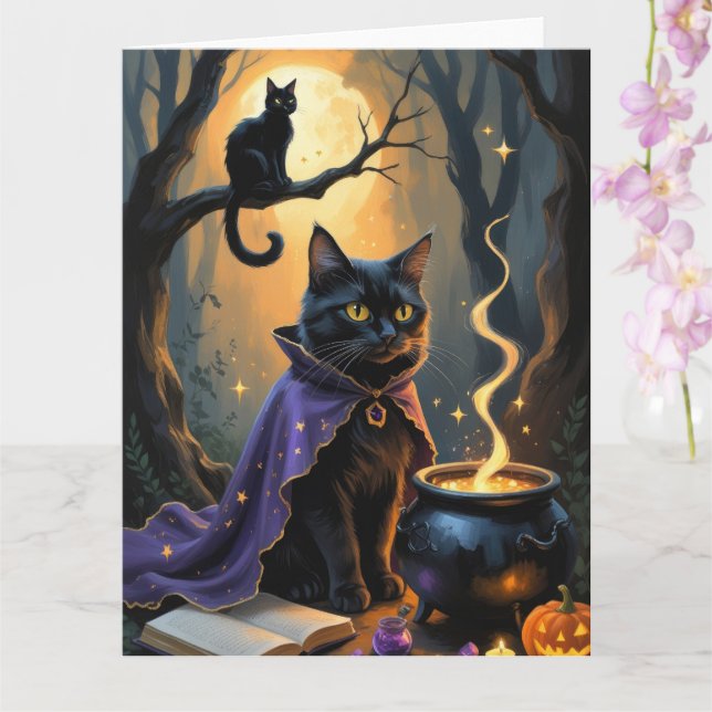 Carte Peinture fantaisiste d'Halloween Chat Noir (Orchidée)