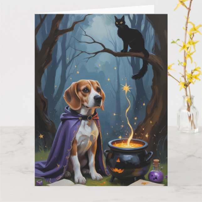 Carte Peinture fantaisiste d'Halloween de chien Beagle (Fleur jaune)