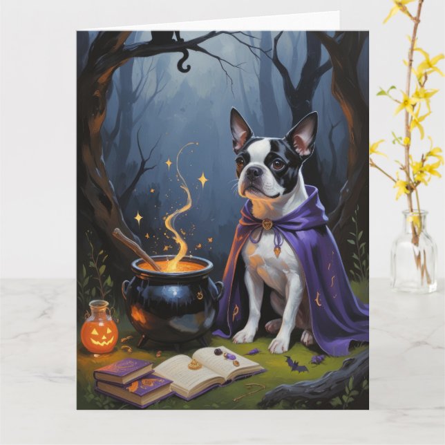 Carte Peinture fantaisiste d'Halloween de chien Terrier  (Fleur jaune)