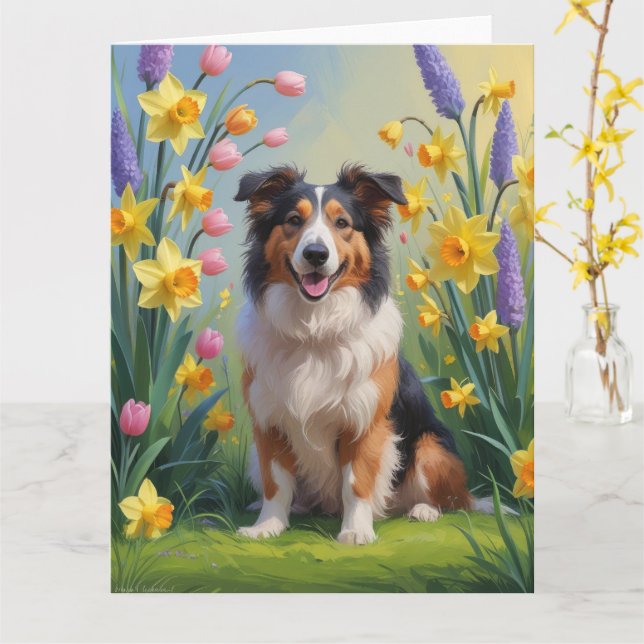Carte Peinture Rough Collie Fleurs de printemps de chien (Fleur jaune)