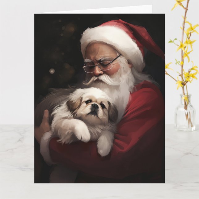 Carte Pekingese avec le Père Noël Festif Noël (Fleur jaune)