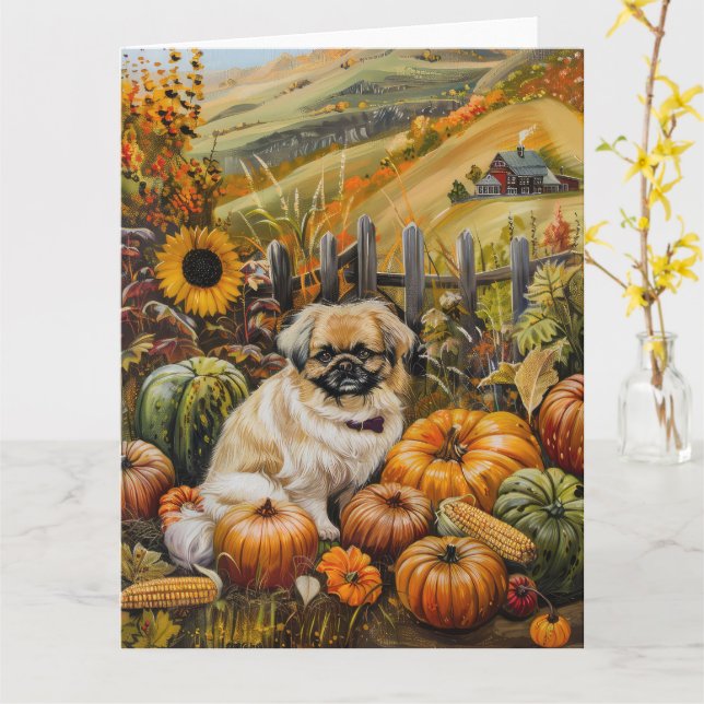 Carte Pekingese Chien automne récolte Thankgiving (Fleur jaune)