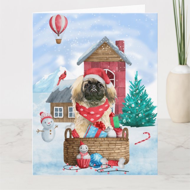 Carte Pékingese chien dans la maison de chien de Noël en (Devant)