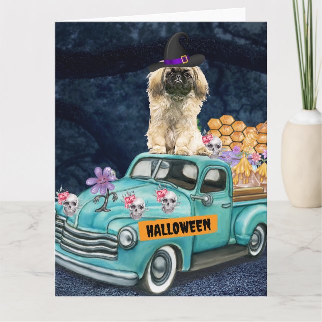 Carte Pekingese Chien Halloween Camion Effrayant Nuit (Devant)