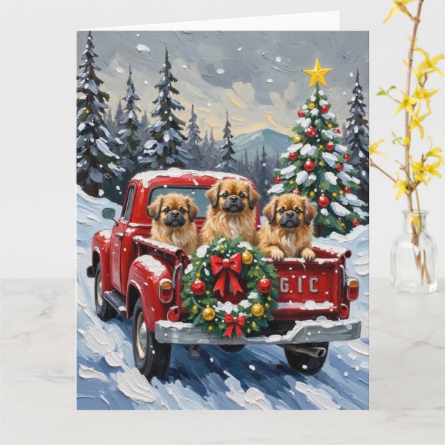 Carte Pékinois camion rouge de Noël vacances (Fleur jaune)
