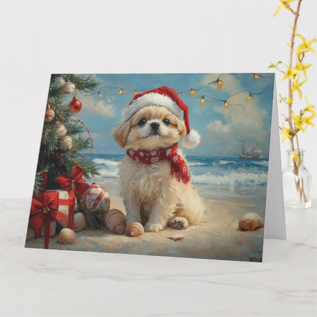 Carte Pékinois Noël Vintage Plage (Fleur jaune)