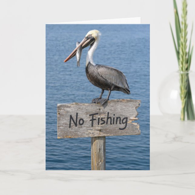 Carte Pélican d'anniversaire avec poisson sur panneau de (Devant)