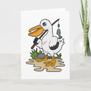 Carte Pélican en pêcheur avec canne à pêche et poisson