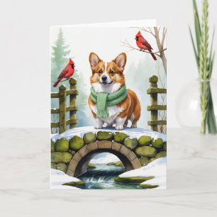 Carte Pembroke Welsh Corgi sur un pont enneigé en hiver