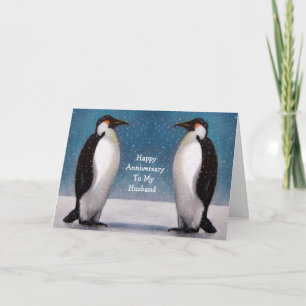 CARTE PENGUIN COUPLE : ANNIVERSAIRE : ART ORIGINAL