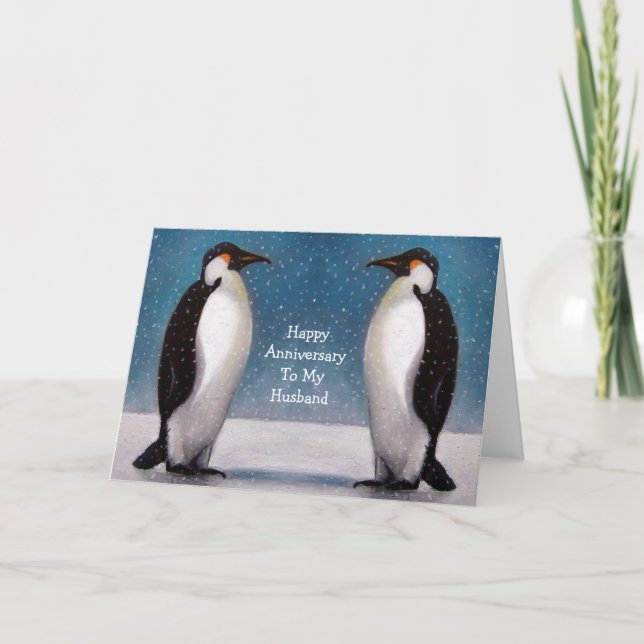CARTE PENGUIN COUPLE : ANNIVERSAIRE : ART ORIGINAL (Devant)