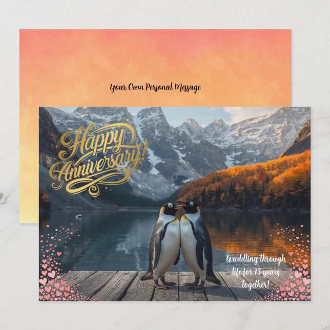 Carte Penguin Couple Scenic Personalized Anniversary (Devant / Derrière)