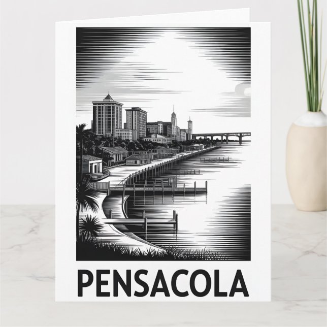 Carte Pensacola Floride Skyline Noir Blanc Gravure sur B (Devant)