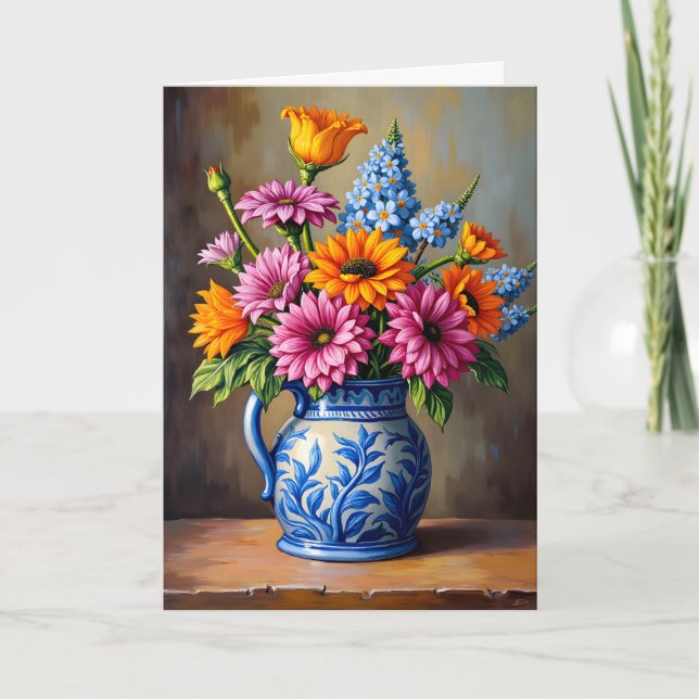 Carte Pense à Vous Pichet Bleu Blanc Fleurs Vives (Devant)